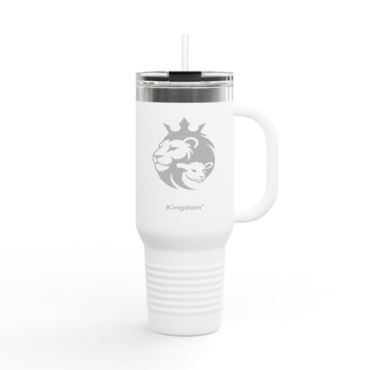 Engraved "Lion and The Lamb" Insulated White Travel Mug, 40oz
